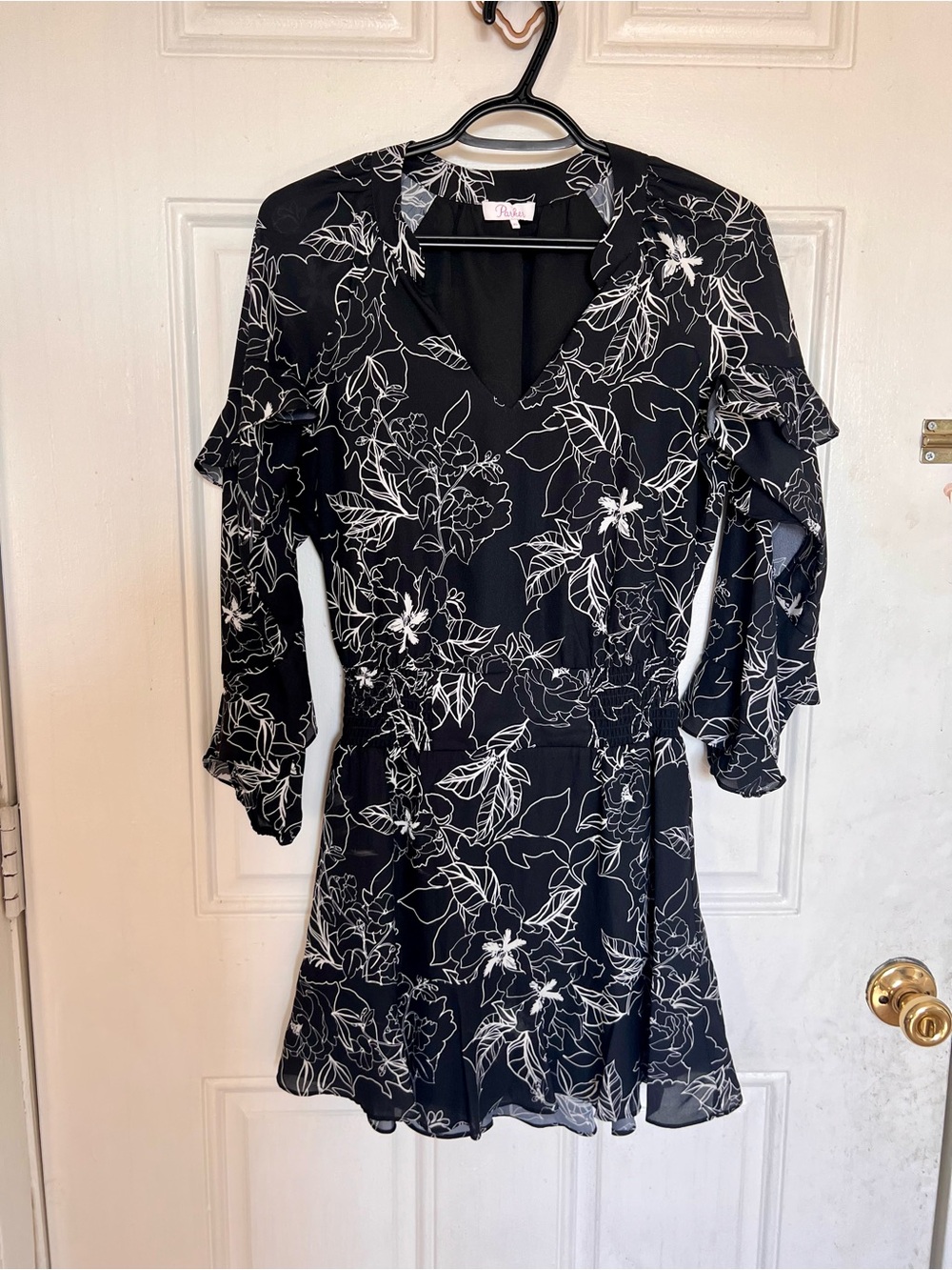 Parker | Black Floral V-Neck Ruffle Sleeve Dress